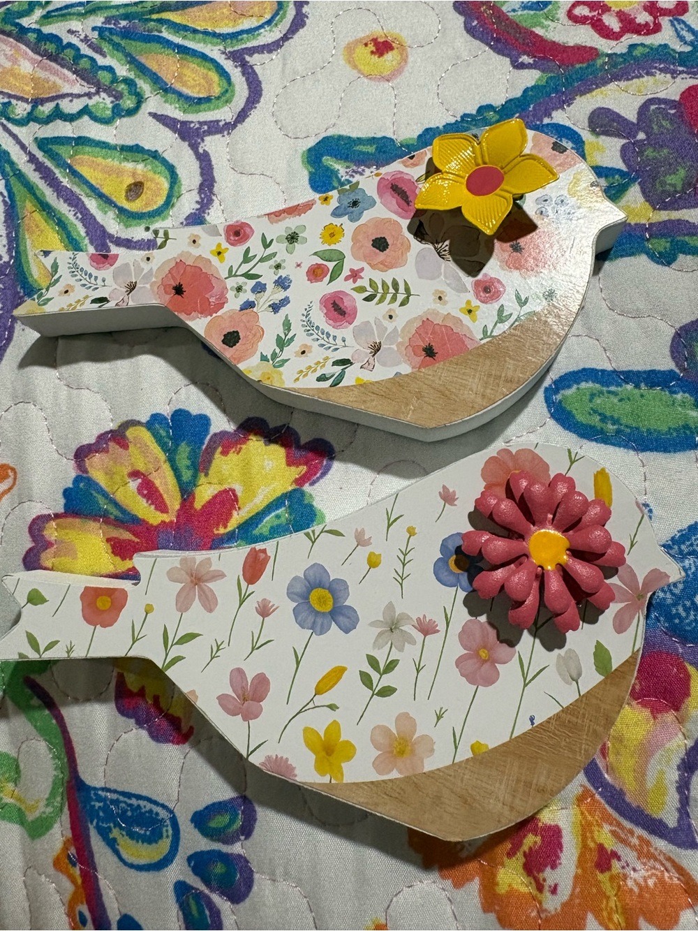 Floral Wooden Bird Wall Plaque Set in Pink, Yellow, Blue